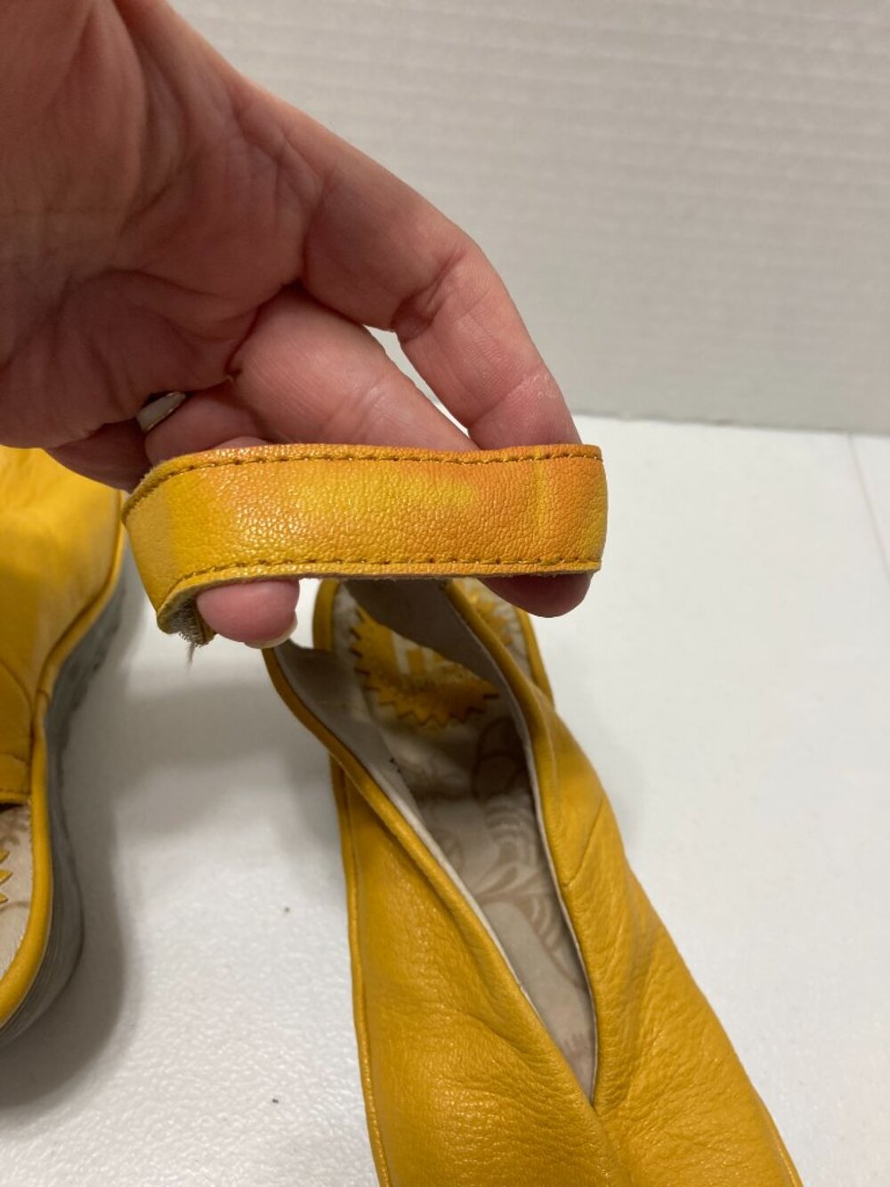 Fly London Yala Wedge Sandals Yellow Leather Peep Toe Ankle Strap Size 36 - Picture 12 of 14